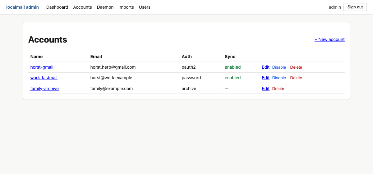 Accounts list showing three accounts with auth methods and sync state