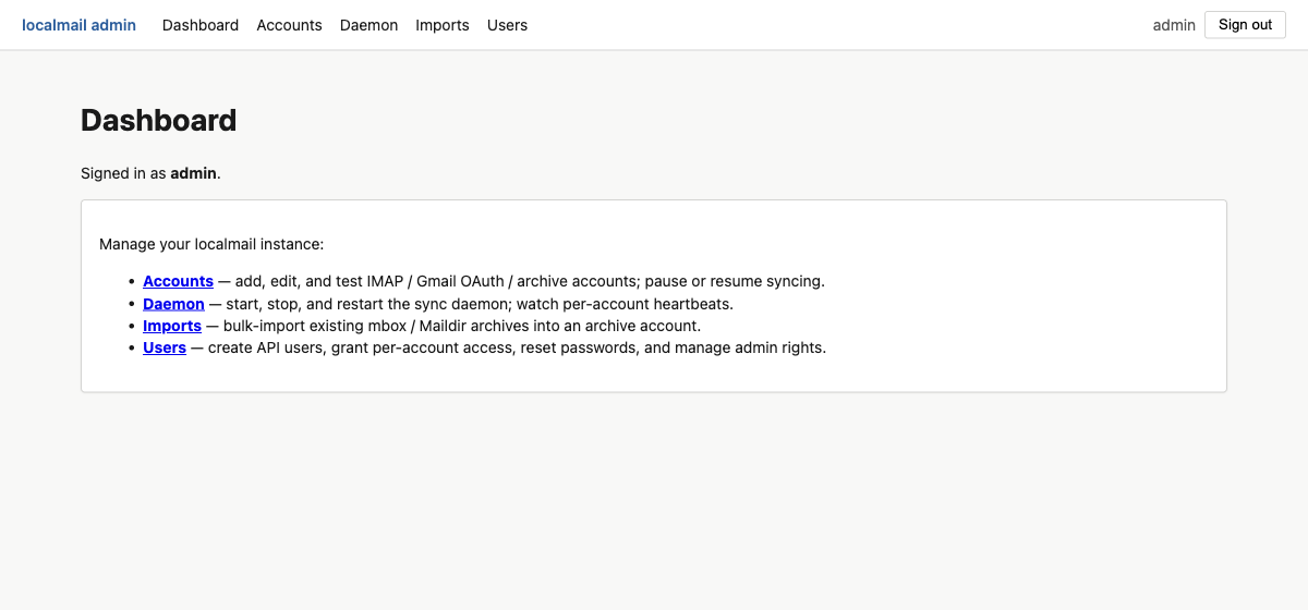 Admin dashboard with links to Accounts, Daemon, Imports, and Users