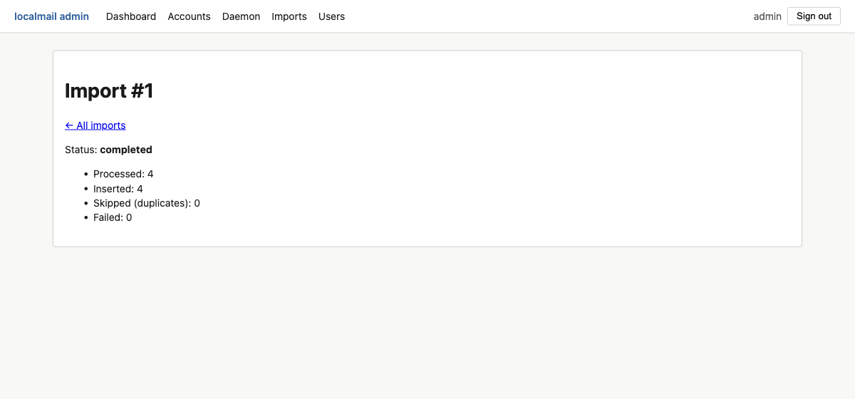 Import job detail showing completed status with processed, inserted, skipped, and failed counts