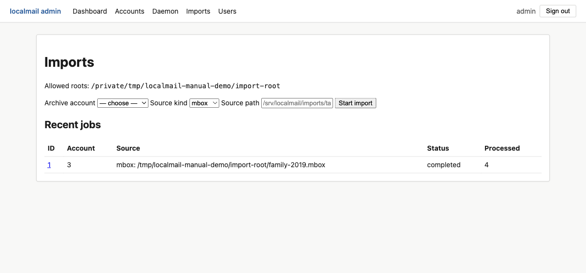 Imports panel showing allowed roots, the create form, and a completed job