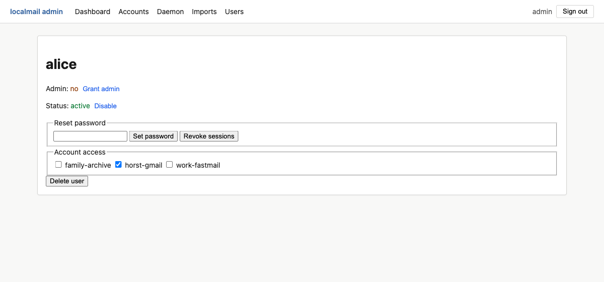 User editor showing account-access checklist, password reset, admin toggle and delete