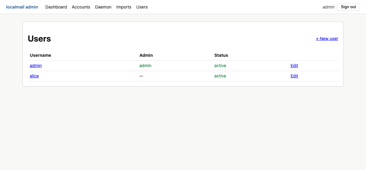 Users list showing an admin user and a regular user